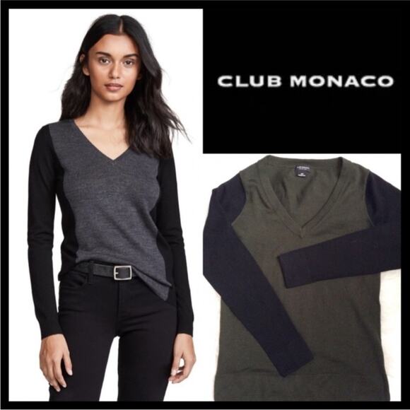 Club Monaco Agnes Sweater V Neck 100% Extra Fine Merino Wool MEDIUM Green Black - Picture 1 of 11